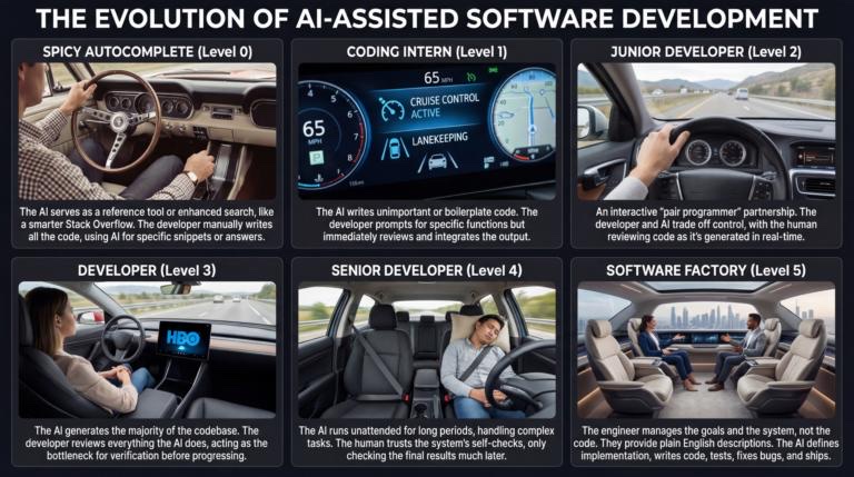 Illustration of the five levels of AI-assisted software development