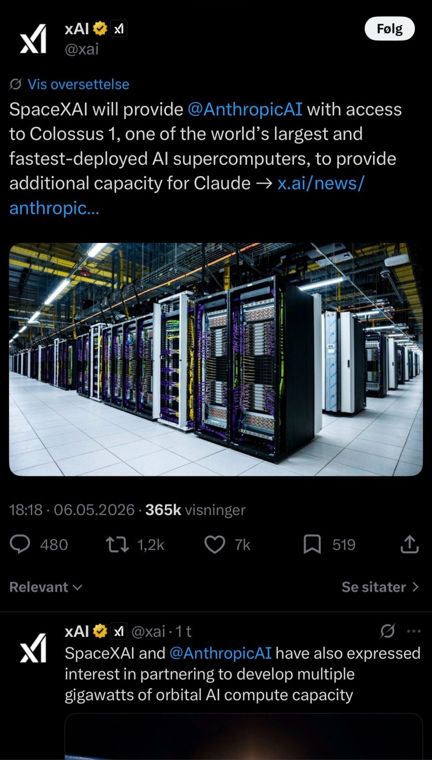 Screenshot of xAI announcing that Anthropic gets access to Colossus