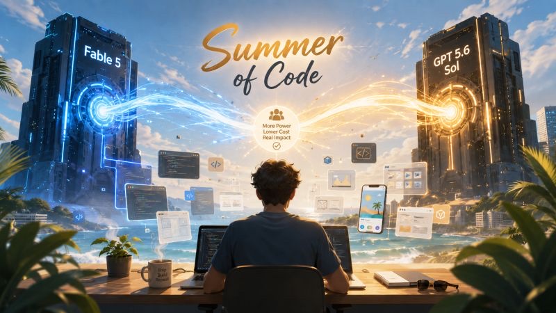 Illustration: a developer at a desk between two towers labelled Fable 5 and GPT 5.6 Sol