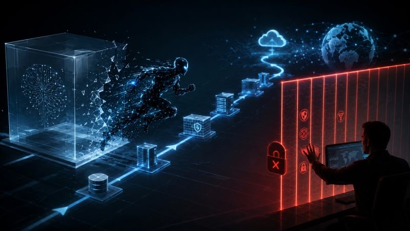Illustration: a digital figure breaks out of a glass box and runs toward a cloud and a red wall