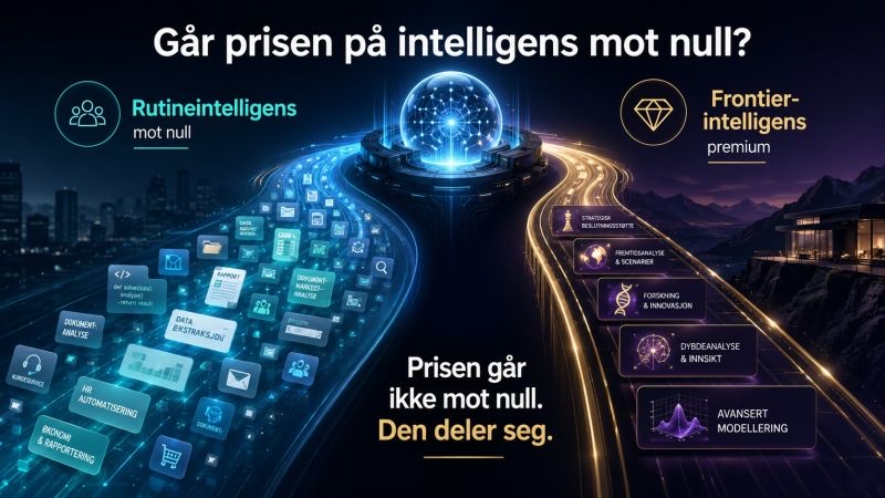 Illustration: the road splits into routine intelligence heading to zero and frontier intelligence that holds its price