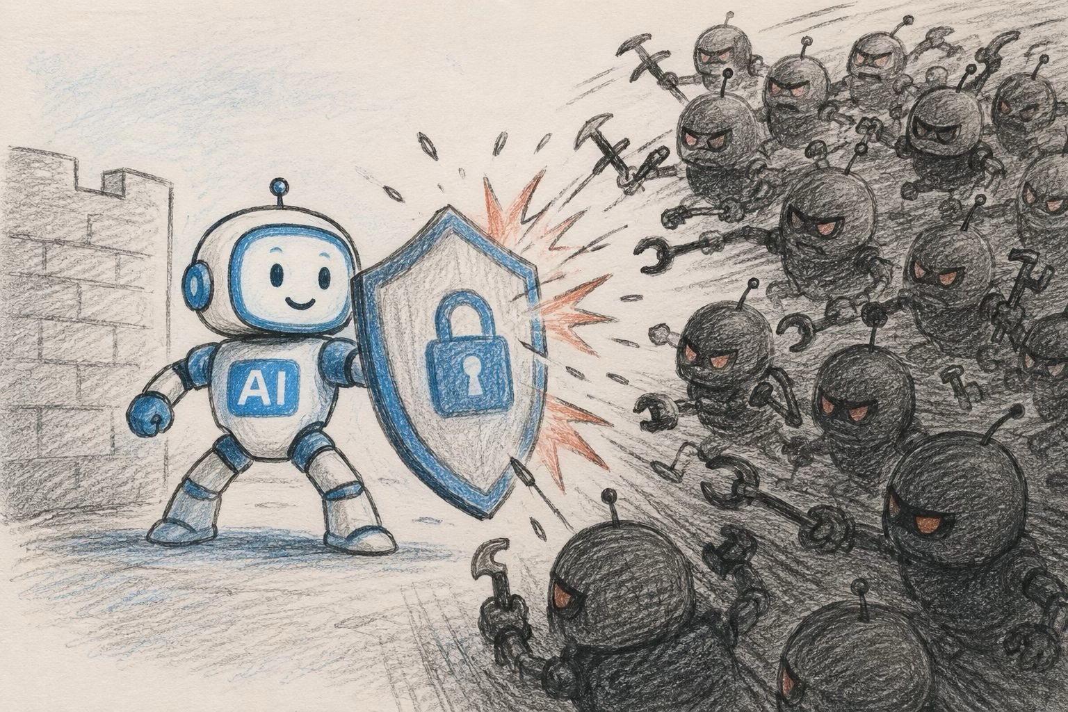 Drawing: a small AI robot with a shield defends a wall against a swarm of attacking robots