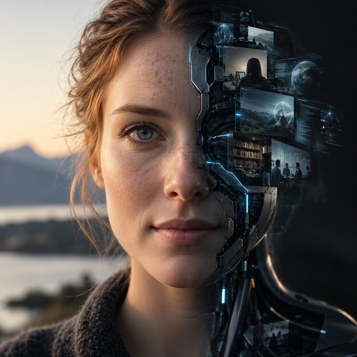 A woman's face, one half of it machine with screens and circuitry