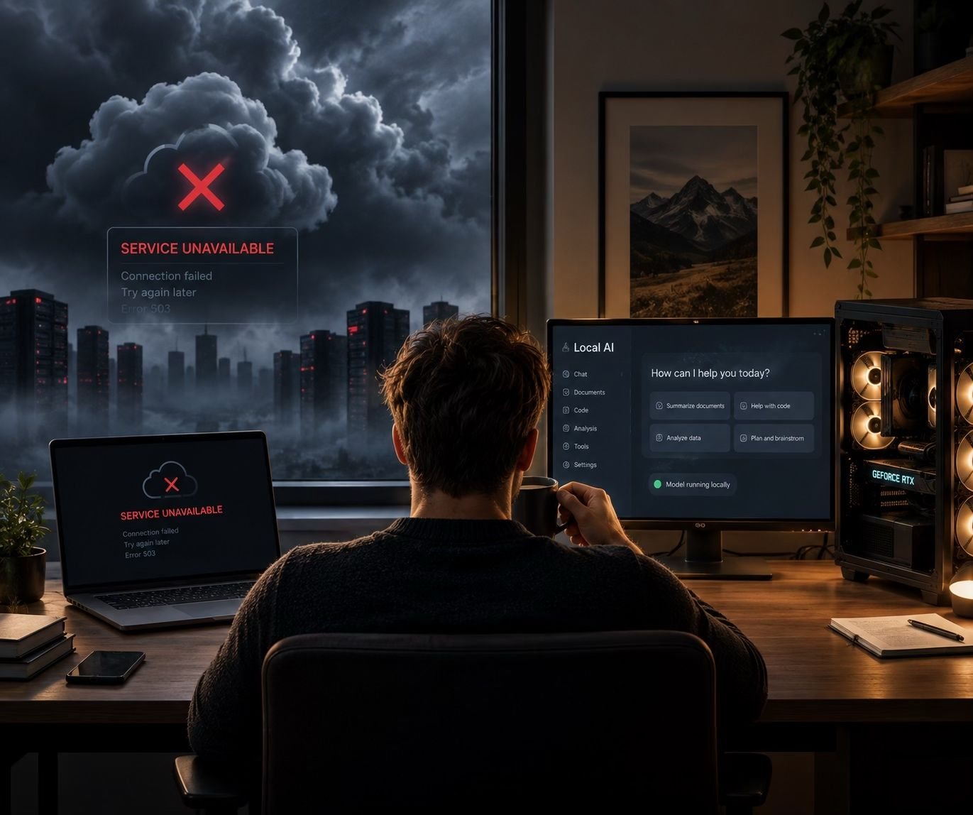 A person at a local AI machine at home while the cloud service in the background is unavailable
