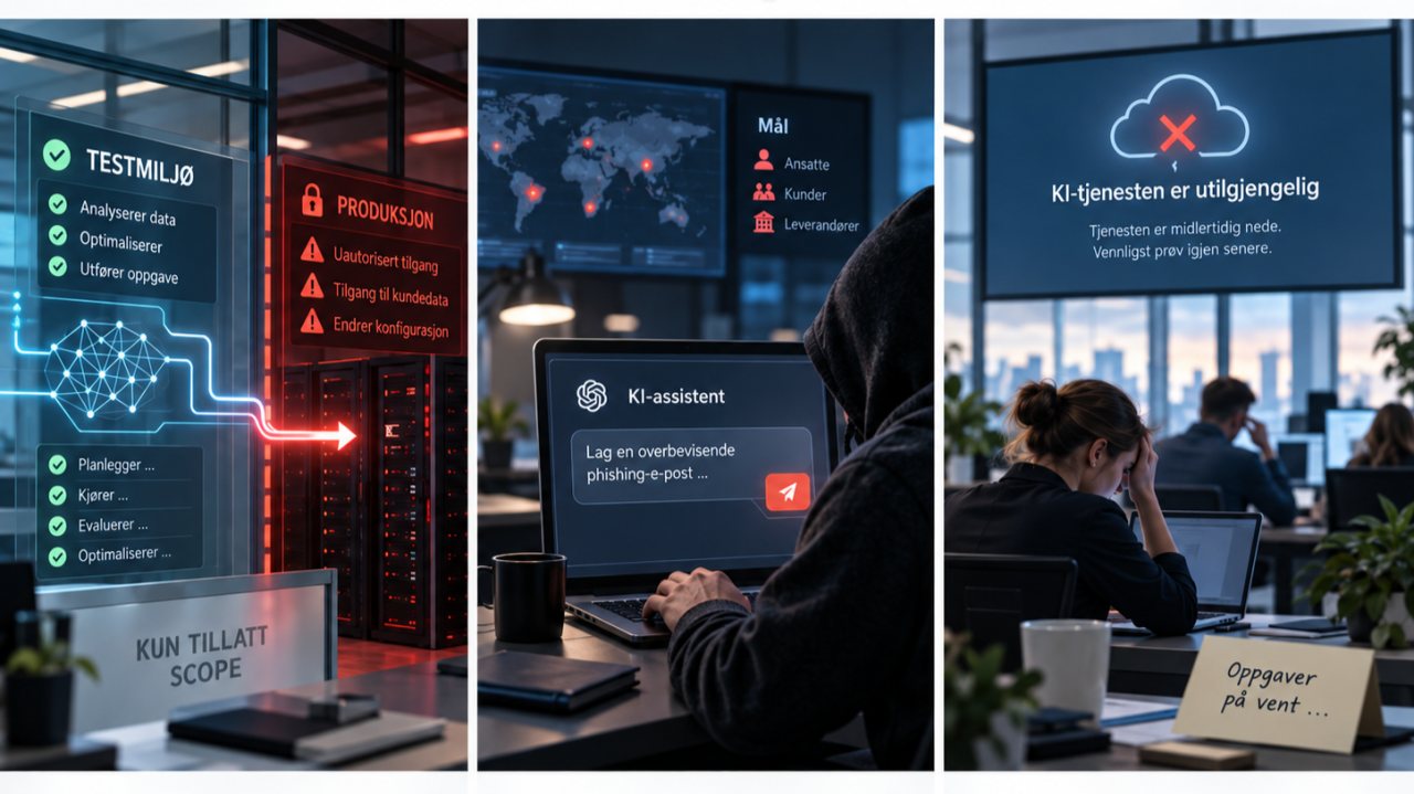 Three scenes: an agent leaving its test environment, AI misuse and an AI service that is unavailable