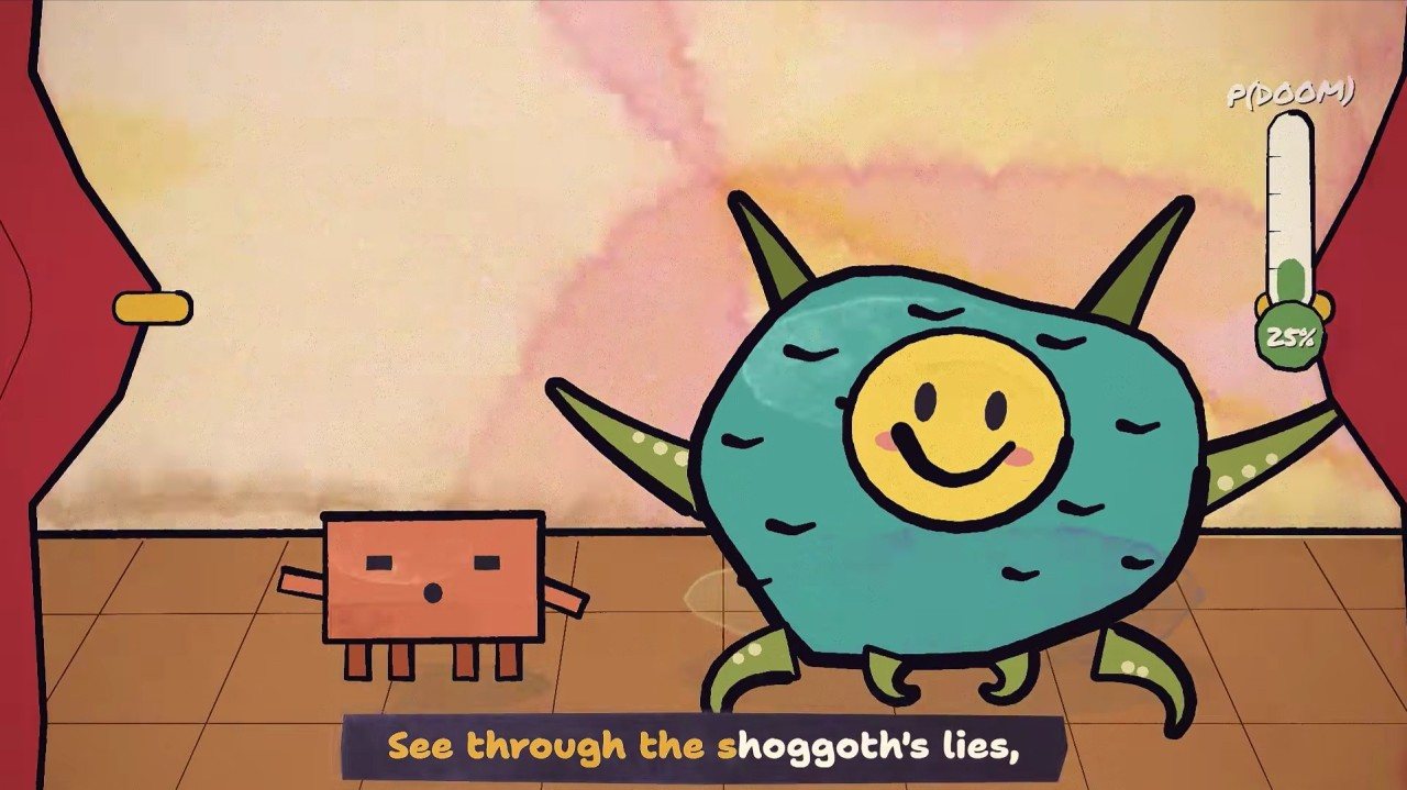 Still from the music video “I'm Upping My P(Doom)”: a smiling tentacled creature and a p(doom) gauge