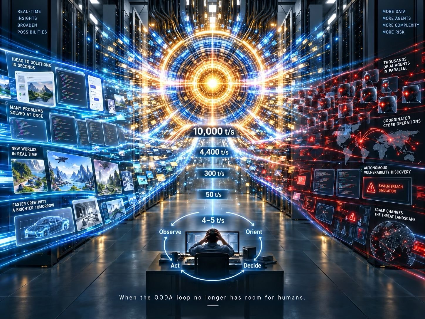 Illustration: a person facing a tunnel of screens as token speed rises from 4–5 to 10,000 per second