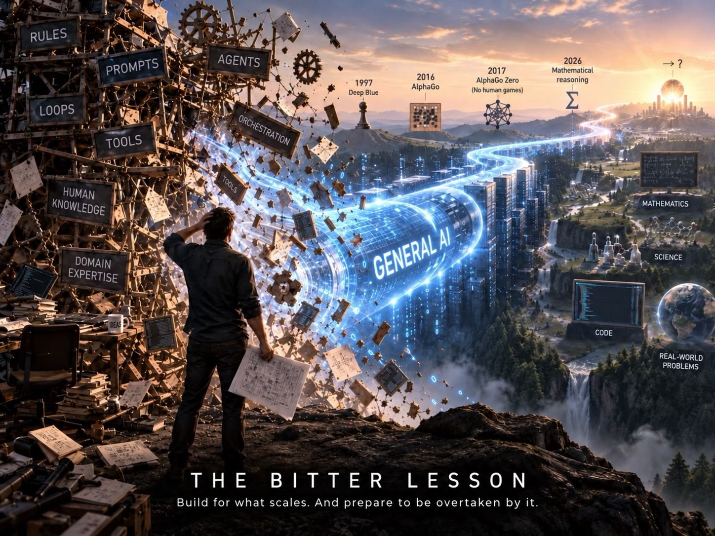 Illustration: a person watching a stream of general AI sweep away hand-built rules and tools
