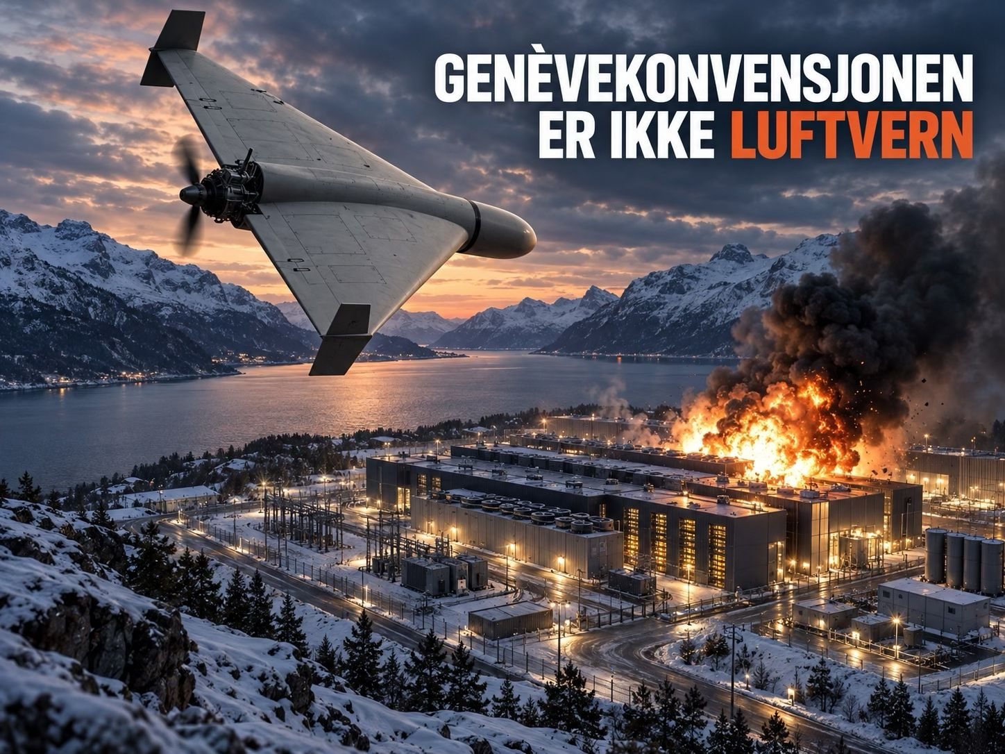Illustration: a drone over a burning data centre in a Norwegian fjord landscape